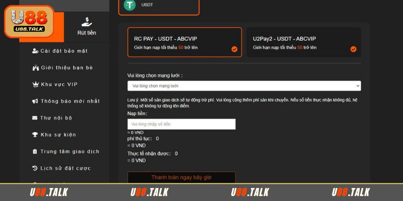Hướng dẫn giao dịch tại U88 qua USDT