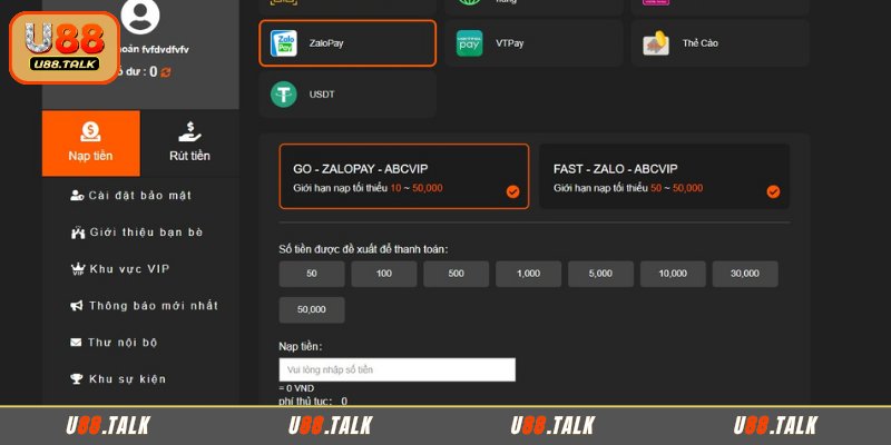 Nạp tiền U88 qua  Zalo Pay dễ dàng, nhanh chóng