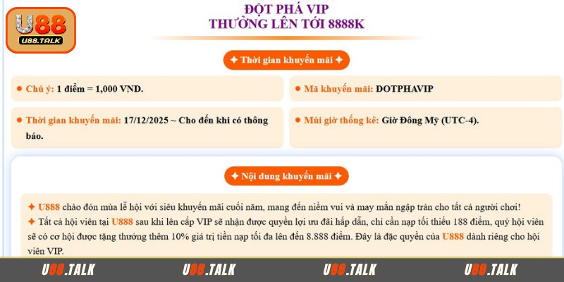 Ưu đãi đột phá VIP lên tới 8888K tại U88